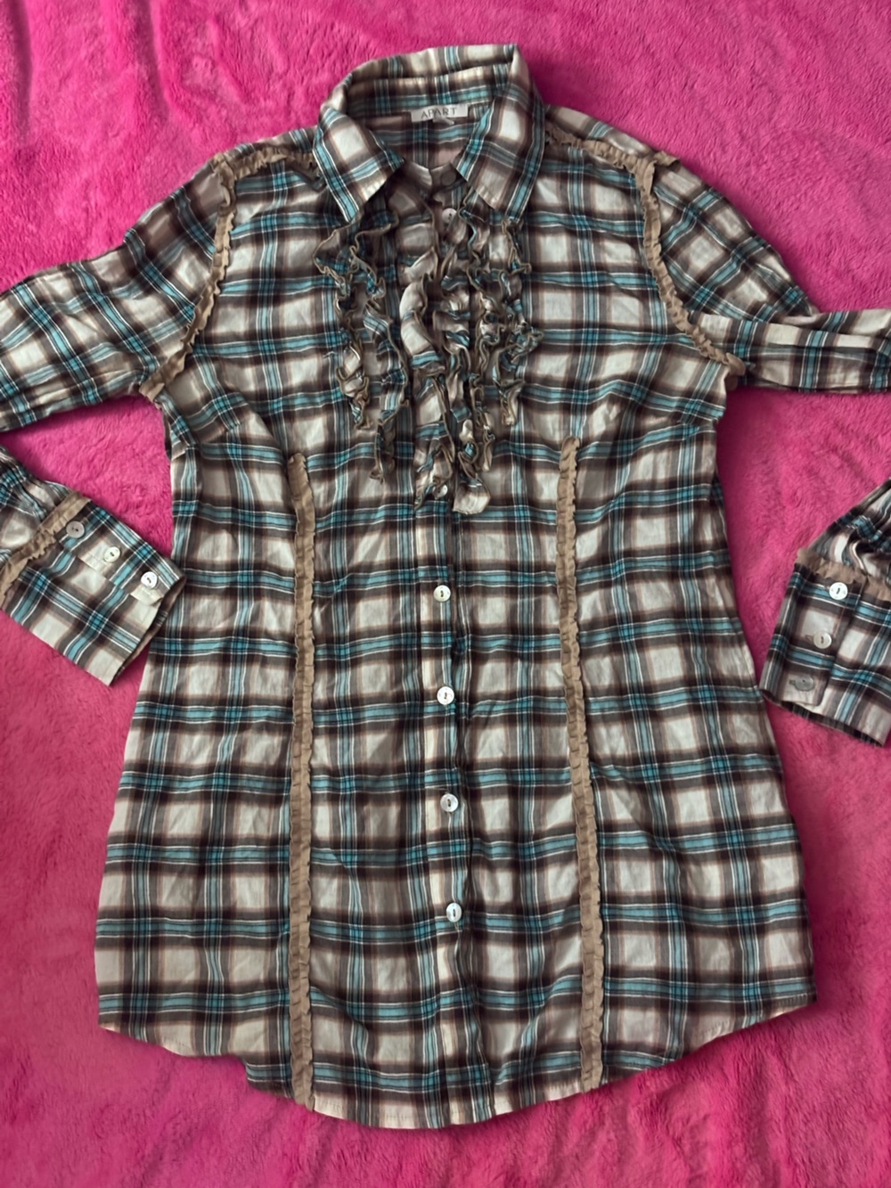 Plaid Ruffle-Front Button-Down Shirt in Brown and Teal